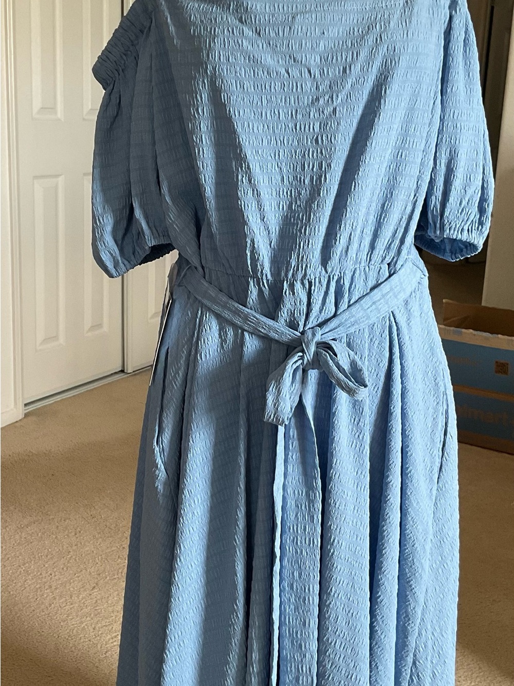 Maison Tara Powder Blue Textured Tie-Waist Midi Dress